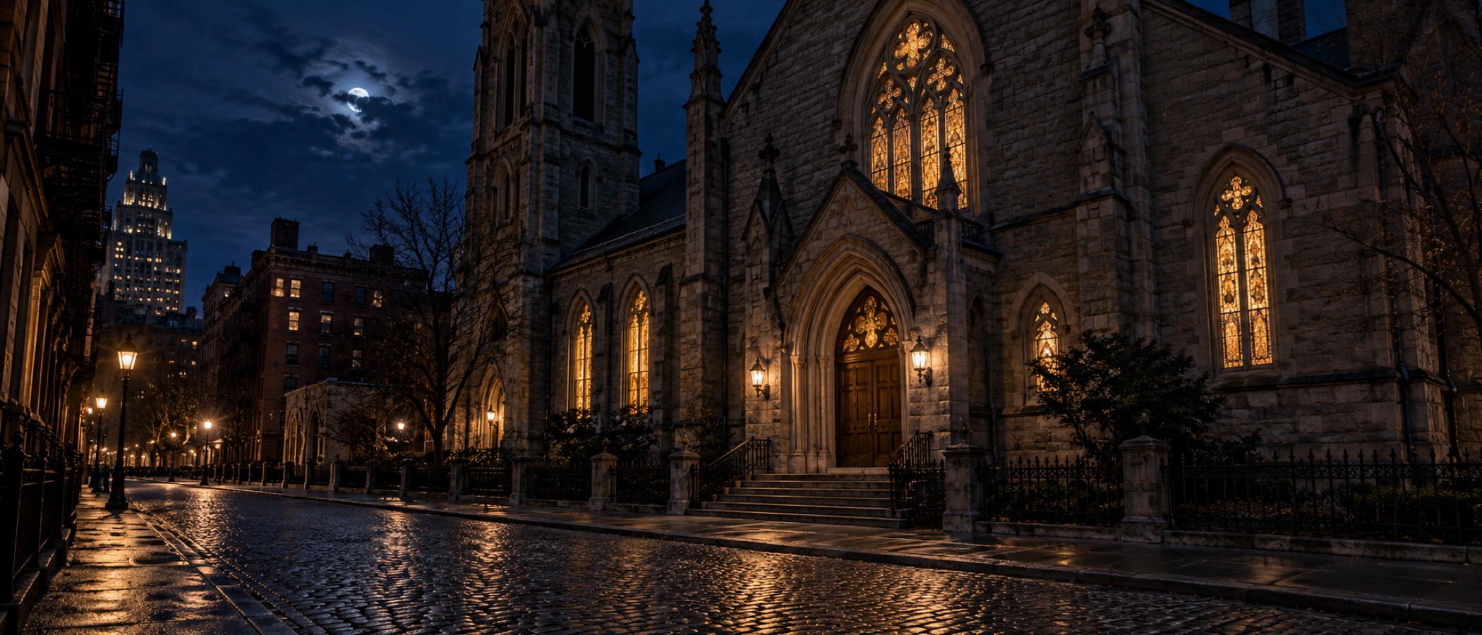 Pre-dawn city church exterior, lit windows, empty street